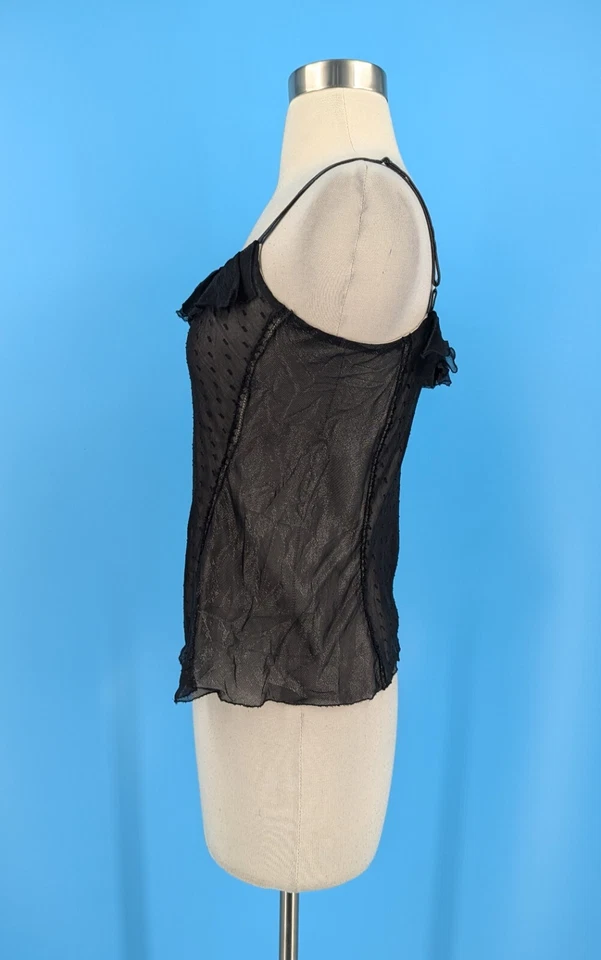 Camiseta sin mangas Rozae Nichols pequeña de malla de seda negra con correas de cuero Foto 3 de 4