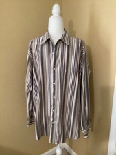 Tasso Elba Men's Shirt Button Up Long Sleeve Brown Striped 100 Cotton Size XL