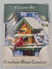 AbsorbaStone Coasters Cardinal & Birds on Feeder In Winter Snow Set of 4 C-812