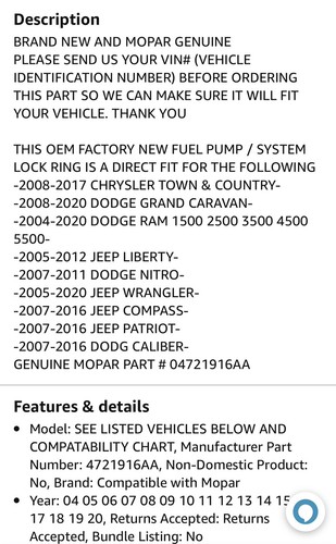 DODGE RAM 1500,MOPER PART,FUEL PUMP RING LOCK NUT - Picture 6 of 7