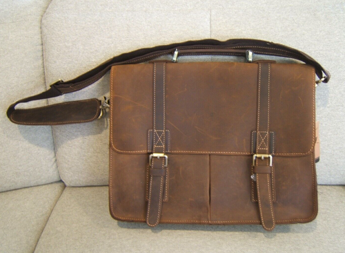 New Brown Oiled Leather Messenger bag Brief Case Shoulder Strap & Handle - Picture 2 of 10