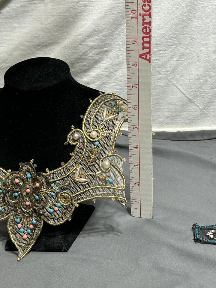 Lot vintage antique? Victorian Edwardian METALLIC Embroidered Lace Bead COLLAR - Image 3 of 4