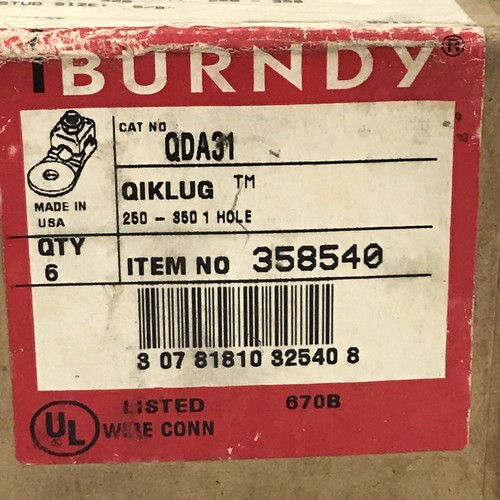(1) Burndy QDA31 Copper Terminal Lug, 1 Conductor, 250-350Kcmil 5/8” Stud~NEW~ - Picture 5 of 6
