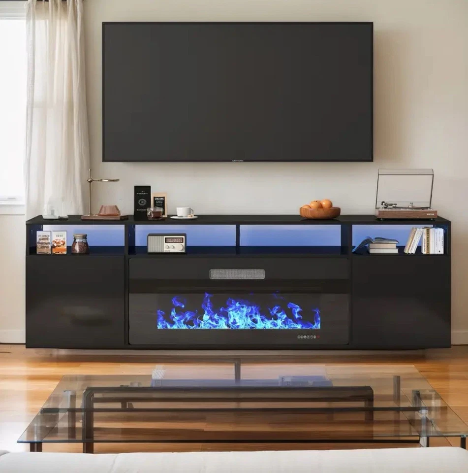 Soporte de TV para TV de 80 pulgadas, centro de entretenimiento con chimenea de 36" | negro antiguo Foto 2 de 4