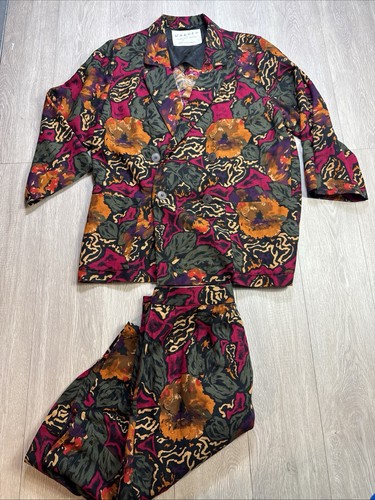 Rare!! Vintage 1990’s Floral 2 Piece Set Linen Blazer Cardigan & Skirt Sz 18 UK