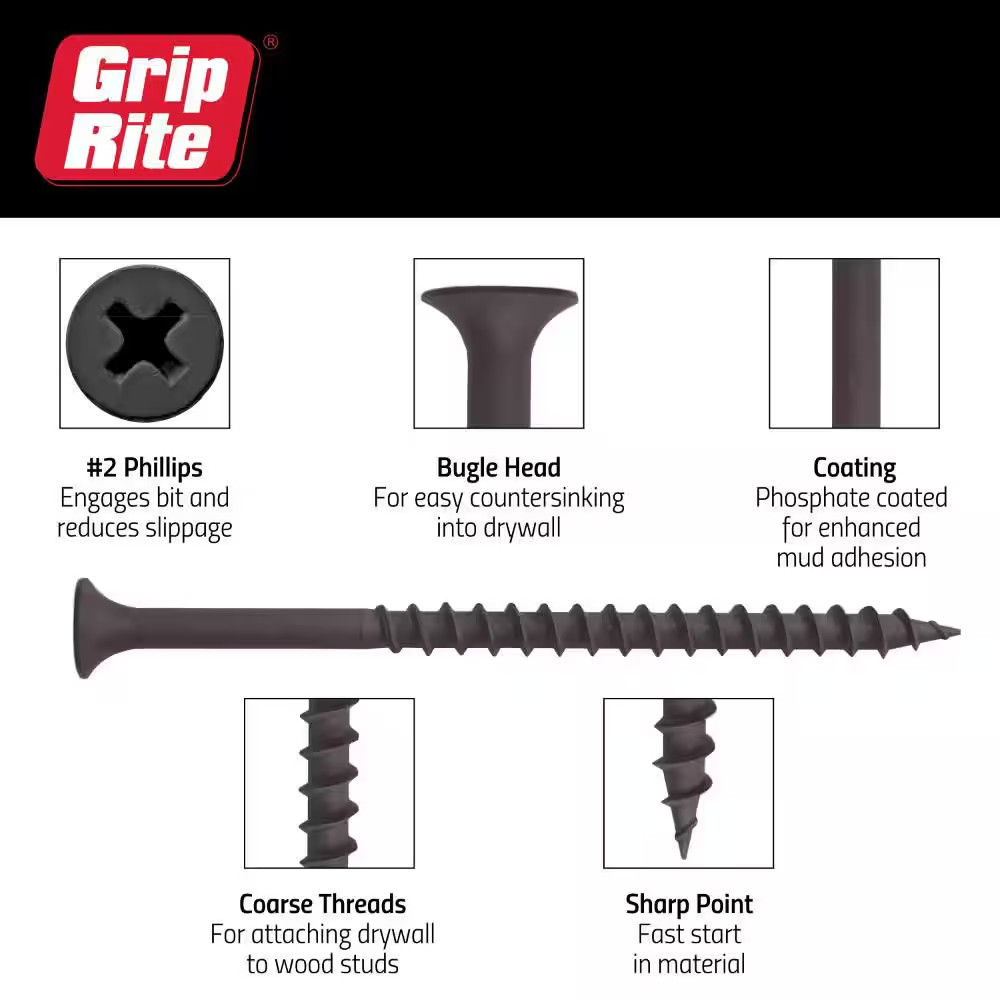 #6 X 1-1/4 In. #2 Phillips Bugle Head Coarse Thread Sharp Point Drywall Screws 1