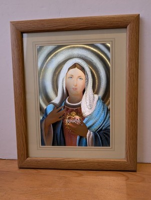 Vintage Jungfrau Maria Herz-Jesu-Druck - reflektierend/Folie - Holzrahmen 11'' x 9''