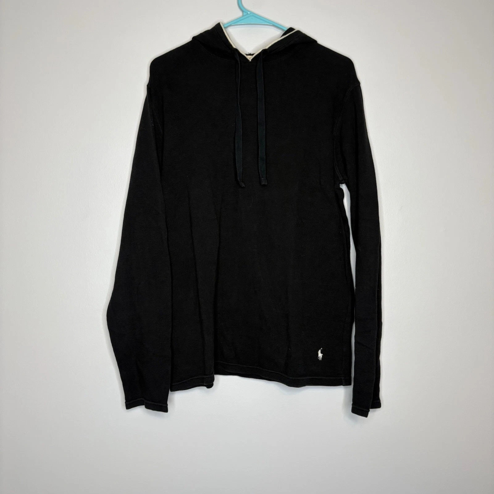 Polo Ralph Lauren Hoodie Mens Size M Navy Blue White Pony Waffle Knit Thermal