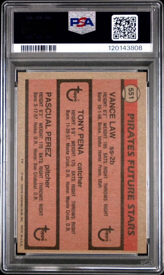 1981 Topps - Future Stars Tony Pena, Pascual Perez, Vance Law #551 (RC) PSA 9 - Image 2 of 2