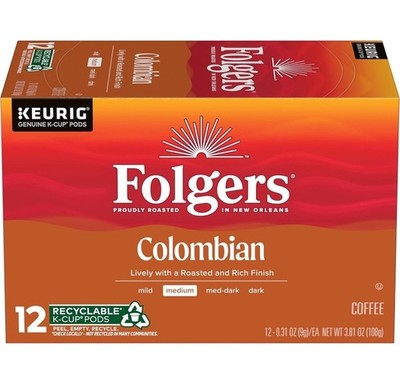 Folgers 100 Colombian Medium Roast Coffee K Cup Pods 12 Count Box