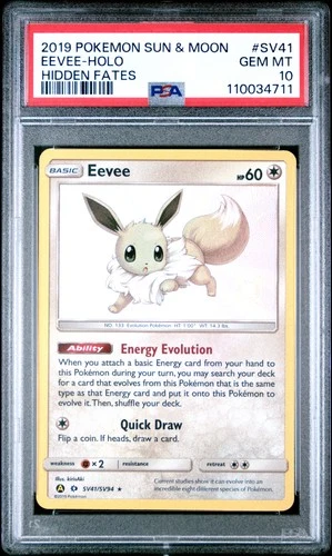 2019 POKEMON SUN & MOON HIDDEN FATES #SV41 EEVEE-HOLO PSA 10
