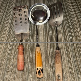 Vintage Wood Handle Kitchen Utensils Lot Stainless Spatula Ladle Rustic