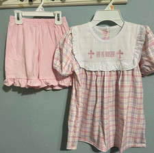 Honeydew Girl's Check Easter "HE IS RISEN" 2 Piece Short Set Size 5 NEW