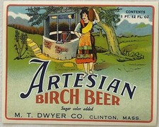 Vintage Artesian Birch Beer Label  M.T. Dwyer Co Clinton Mass NOS Soda Bottle
