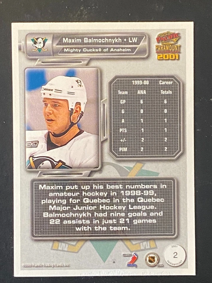 Maxim Balmochnykh 2000-01 Pacific Paramount 2001 #2 Anaheim Ducks - Image 2 of 2