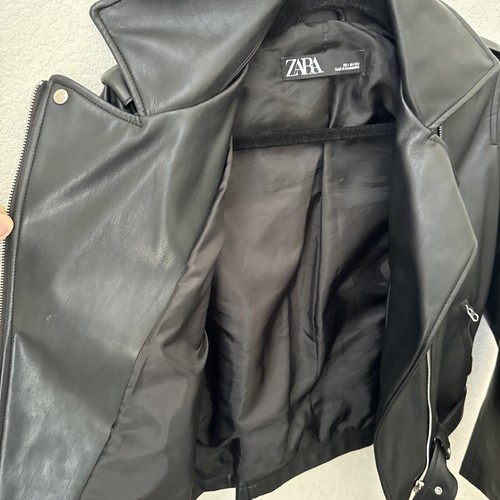 Zara Faux Black Leather Cropped Biker Motocycle Jacket Belted Women's Size S - Picture 4 of 6