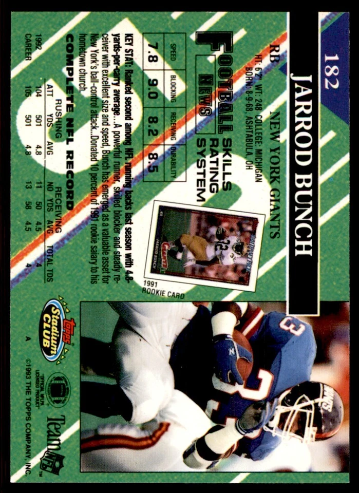 1993 STADIUM CLUB JARROD BUNCH NEW YORK GIANTS #182 - Image 2 of 2