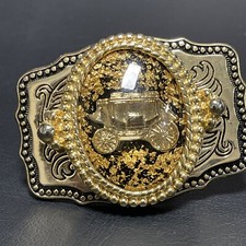 Vintage Brass Gold Belt Buckle With Carriage And Gold Flakes Made In USA Rare
