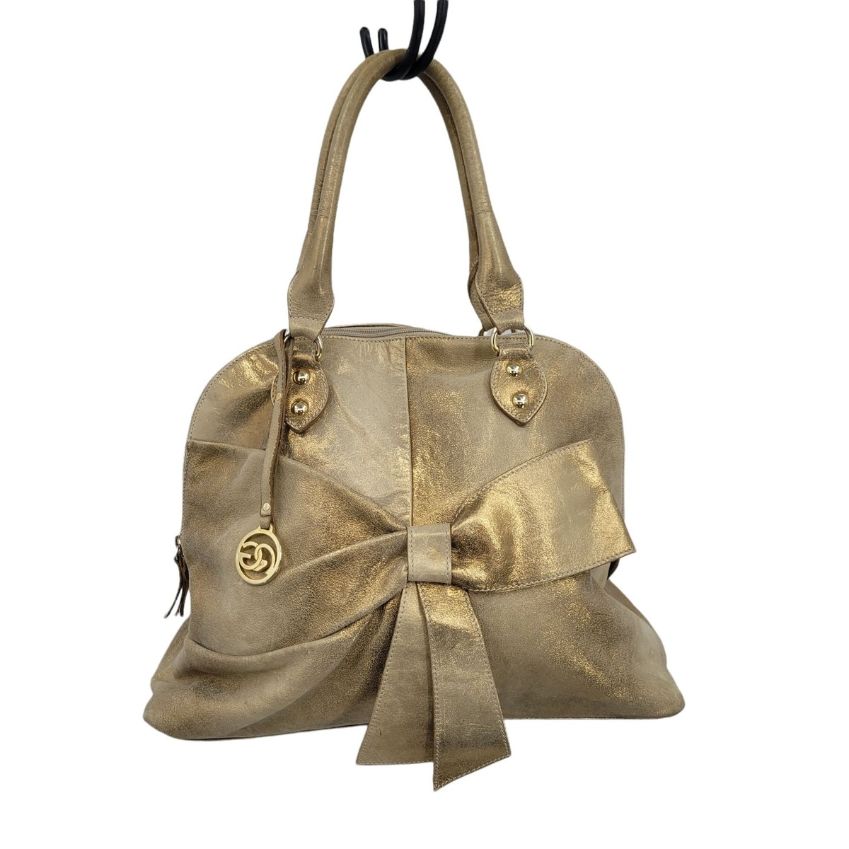 Roberta Gandolfi Shoulder Tote Bag Italian Leather Gold Unique Metallic 3D  Bow