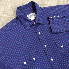 VTG Rockmount Ranchwear Western Shirt Mens M Diamond Pearl Snaps Blue Pink FLAW