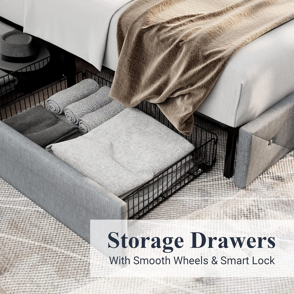 Sifurni Upholstered Bed Frame with 4 Storage Drawers and Headboard, Light Grey - Image 4 of 4
