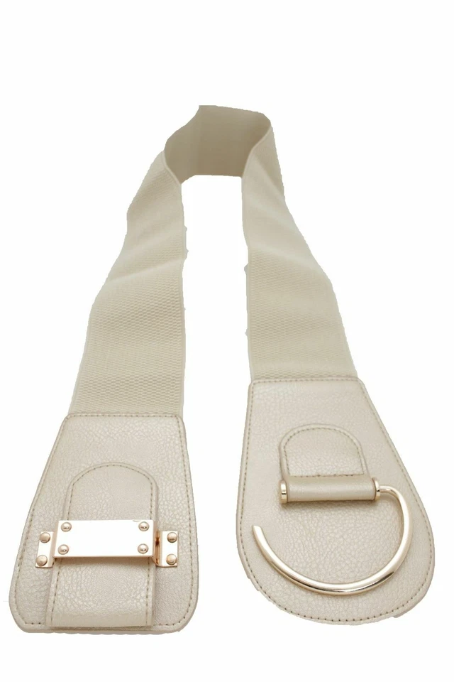 Women Metallic Cream Beige Faux Leather Wide Fashion Belt Gold Hook Buckle L XL - Image 4 of 4