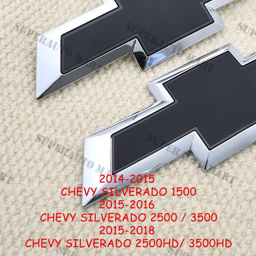 For Silverado 1500 2500HD 3500HD Black Chrome Front Tailgate Bowtie Emblem Set