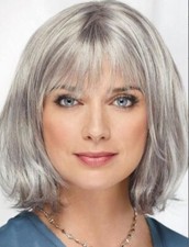 Short Silver Grey Bob Wig with Bang Synthetic Natural Wavy Costume Party Cosplay