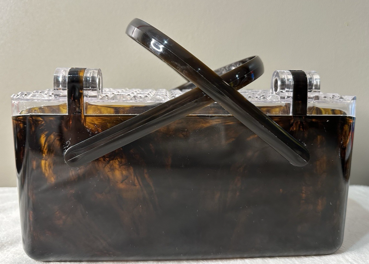 Tortoise Amber Box Purse 1950s Picnic Basket Handle Bakelite
