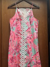 Lilly Pulitzer Pearl Shift Dress 8 Poolside Blue Love Birds Lace Pink Aqua