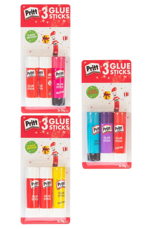 Pritt 3 Glue X-Mas Edition 3x20g Klebestift Schule Basteln Kleber Glitter Farbig