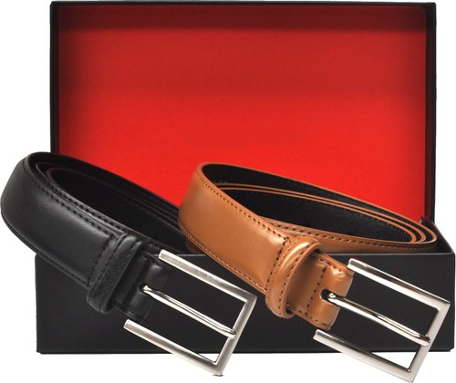 30mm Black and Tan Leather Belt Gift Set Waist 80cm 90cm - Picture 1 of 5