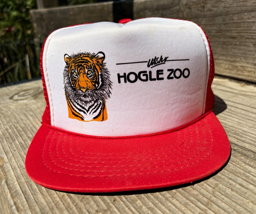 *VINTAGE 1990s* Utah’s Hogle Zoo TRUCKER HAT w TIGER GRAPHIC Red White NEAR MINT