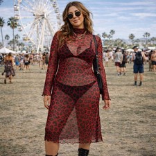 Y2K Red Leopard Mesh Dress Sz M Indie Sleaze Grunge Clubwear Shein Mock Neck