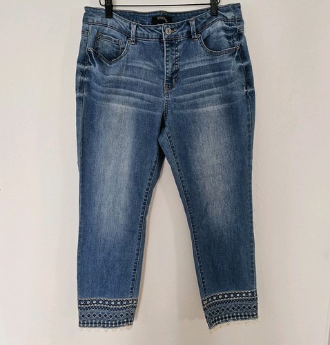 Jeans recortados Y2K azul claro talla 12 bordado crochet dobladillo tiro alto recto - Imagen 2 de 12