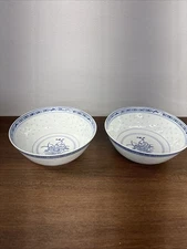Pair of Vintage Ling Long Porcelain Jingdezhen Chinese Blue & White Rice Bowls