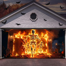 Halloween Scary Garage Door Cover Banner, 7x16ft, Fire Skeleton Hallowen Scary