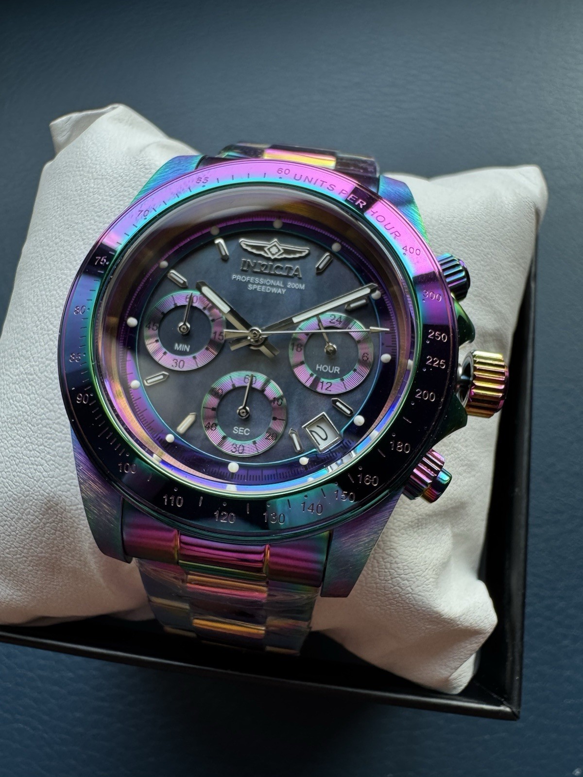 Invicta 40mm Crazy IRIDESCENT Speedway Chrono Black MOP Dial SS Watch