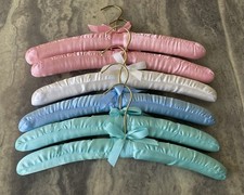 Lot of 6 Satin Padded Pastel Clothing Hangers Lingerie VTG pink-blue-ivory-teal