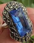 Art Deco Antique 1920's Sterling Silver marcasite blue glass Ring size 8 old