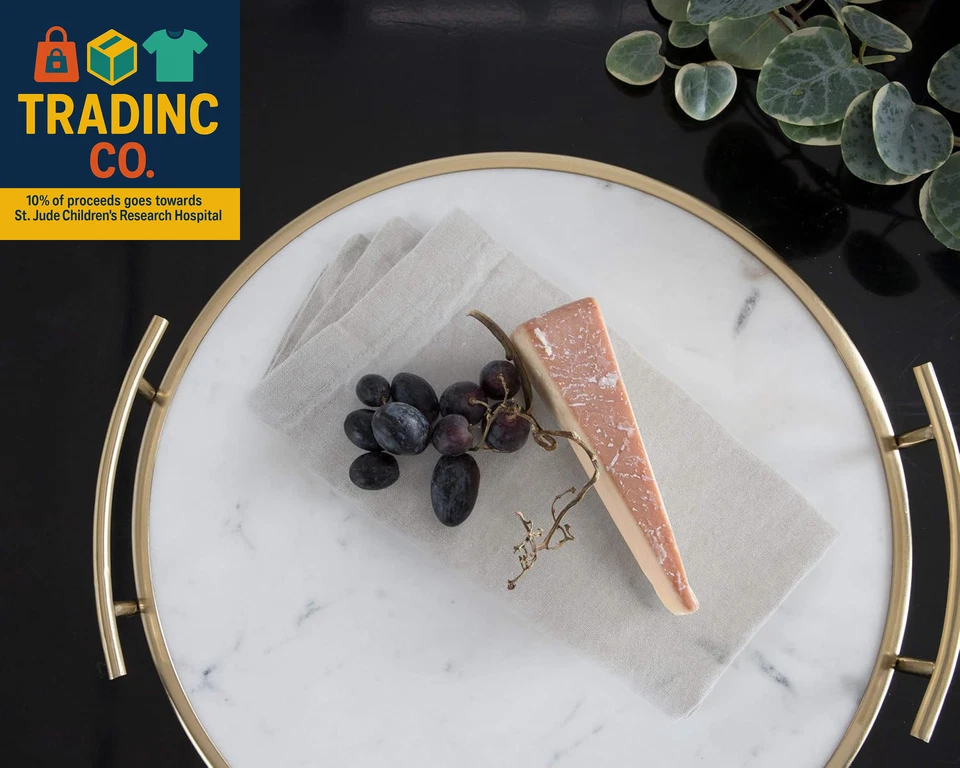 Marbury Modern round Tray, 14 Inch Diameter, White Marble and Gold, Contemporary - Image 4 of 4