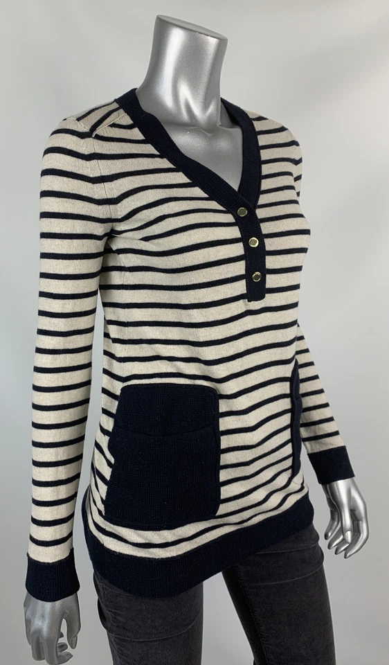 Suéter Tory Burch para mujer XS lana cachemir marfil azul rayas doradas broches de presión  Foto 2 de 4