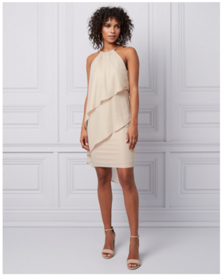 Le Chateau Women Foil Chiffon Halter Dress in Beige XXL