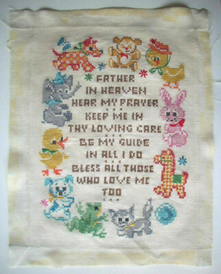 Vintage embroidered Child's Sampler Lord's prayer Our Father animals