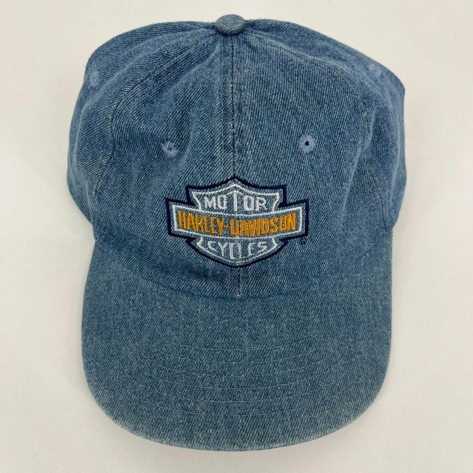 Harley-Davidson Denim Strapback Hat Adult One Size Blue Vtg 90s Biker - Image 2 of 4