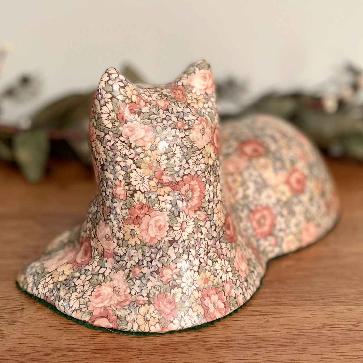 Vintage Ceramic Cat Pink Green Floral Chintz Kitten Lying Down