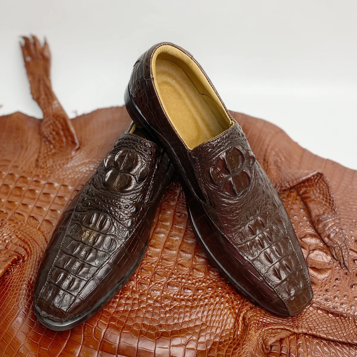 Mens Brown Alligator Dress Shoes Pointed Toe Crocodile Luxury