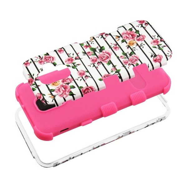 Para Samsung Galaxy A6 (2018) - Funda híbrida a prueba de golpes rosa rayas flores rosas Foto 2 de 4