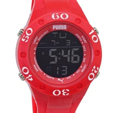 PUMA 8 Mens Sports Watch, Black Digital LCD, Red Band, Day Date Alarm Stopwatch