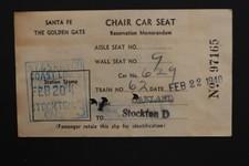 1940 SANTA FE CALIFORNIA CHAIR CAR SEAT RESERVATION MEMORANDUM OAKLAND STOCKTON